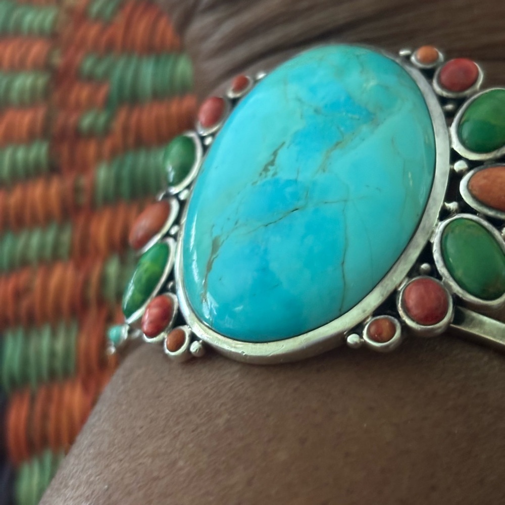Blue and Orange Statement Cuff Bracelet with Turquoise/wt turquoise ring - Picture 7 of 11